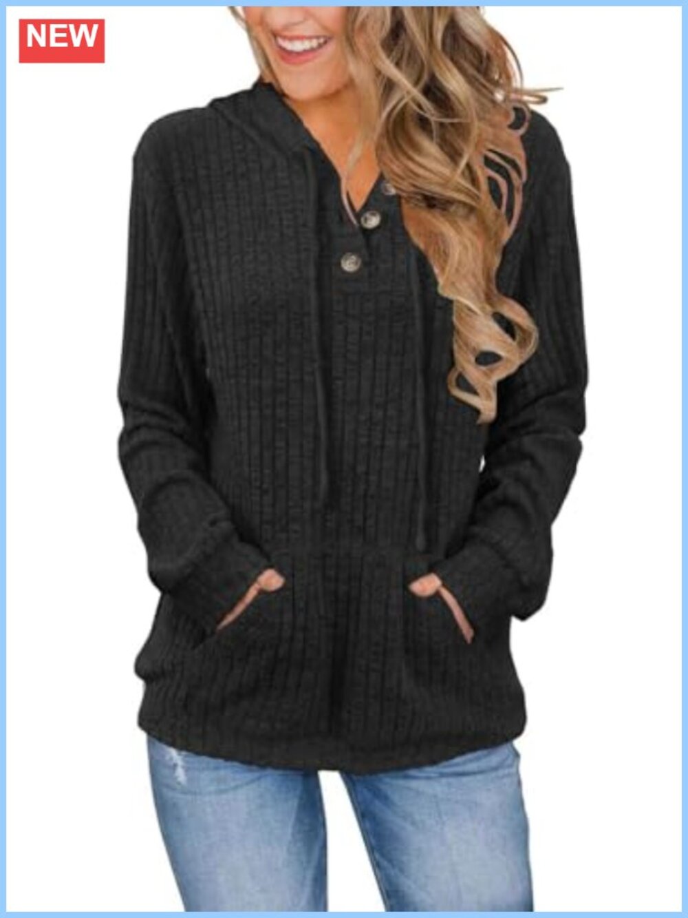Womens Long Sleeve Hoodie Sweatshirt Button Neck Kangaroo Pocket Tunic